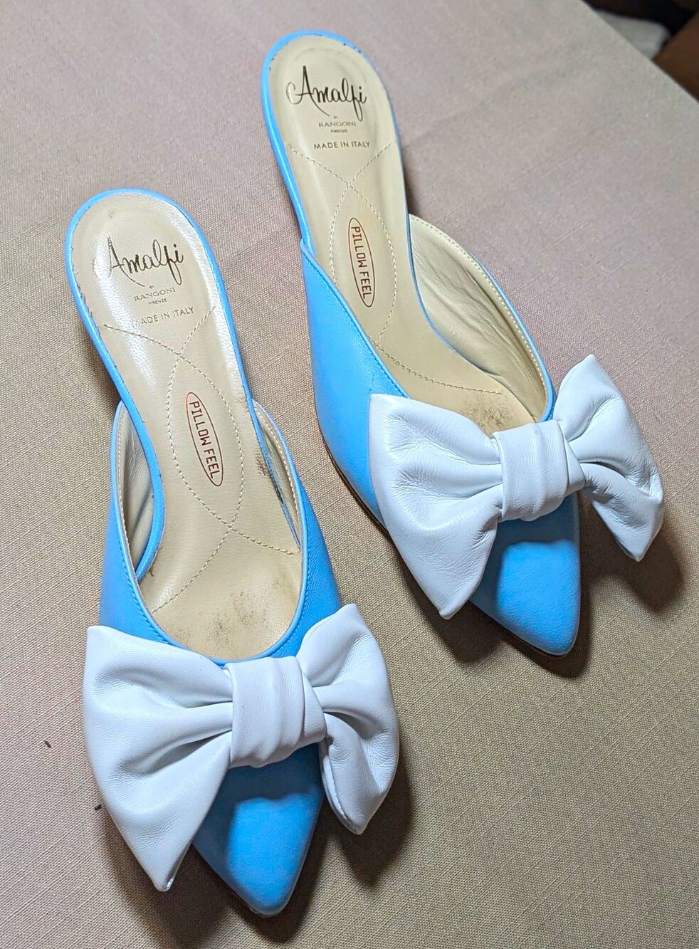 Amalfi by Rangoni Antica Leather Pointed Toe  Mule Bow Slip-On Blue/White 8M